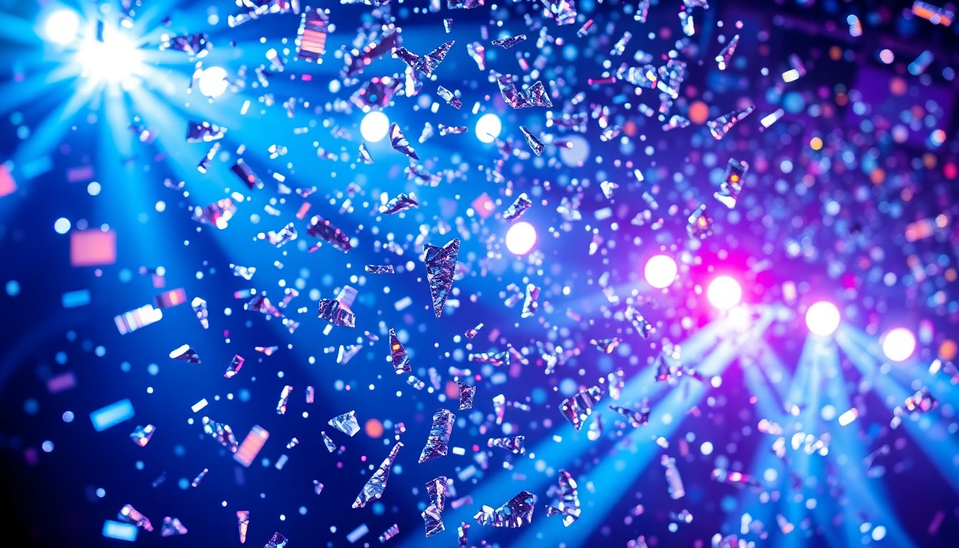 An abstract close-up photograph of shattered glass reflecting bright stage lights, conveying the energy and anticipation of a major music festival performance.
