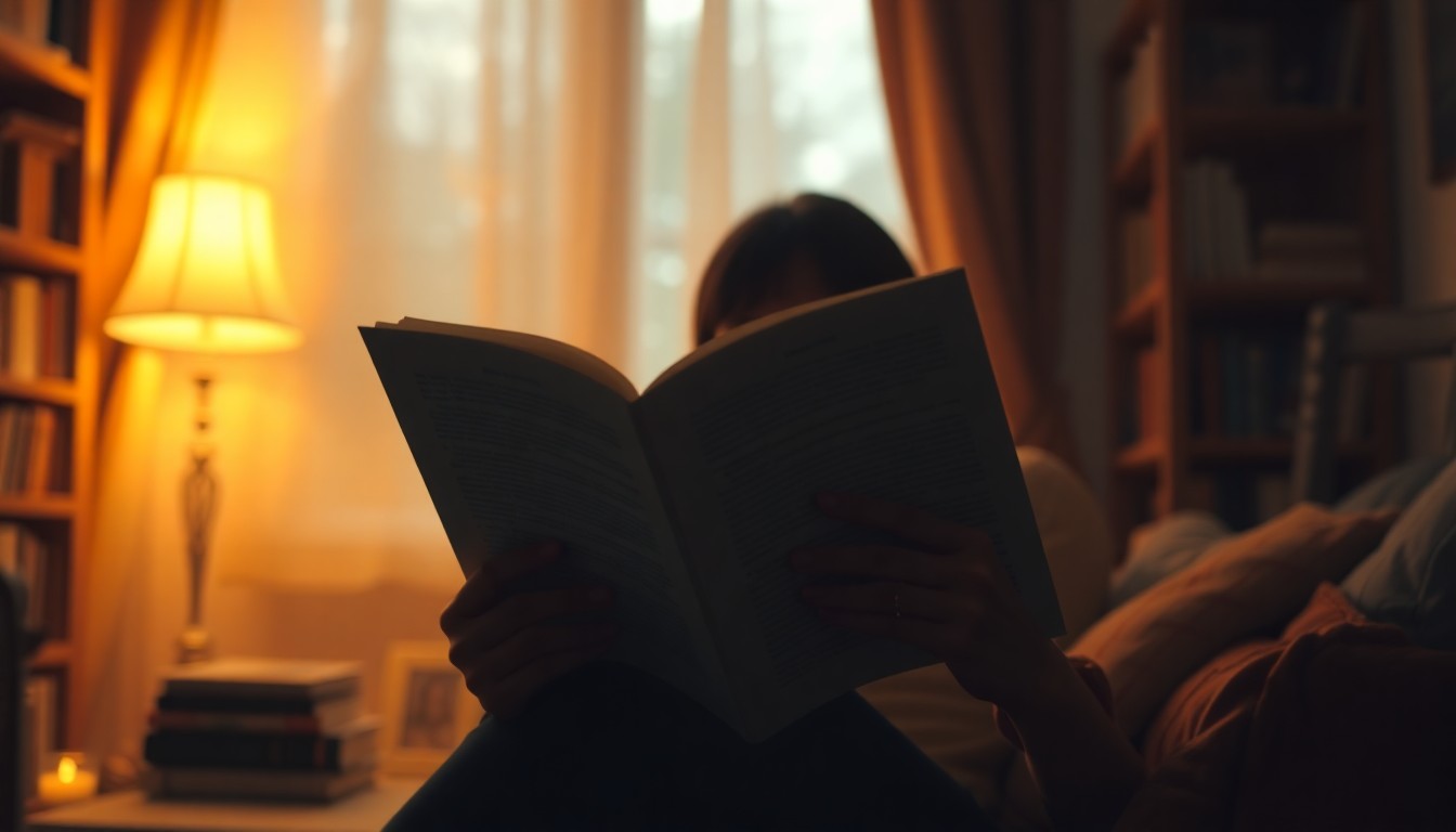 A blurred, impressionistic scene of a person reading a book in a dimly lit, cozy room, conveying the intimate, reflective experience of engaging with literature.