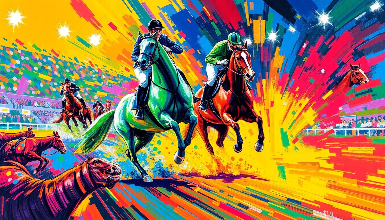 A dynamic, abstract painting in neon colors depicting the energy and motion of equestrian competition, conceptually representing the partnership between Icon Global and the FEI World Cup Finals.