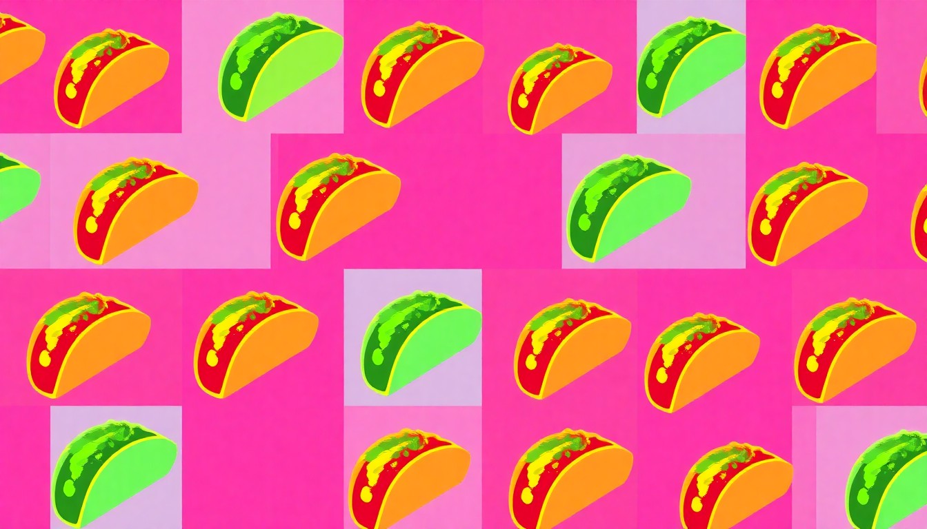 A highly stylized, abstract illustration featuring a repeating pattern of a single taco icon in a grid, rendered in a bold, neon color palette with heavy black outlines, conceptually representing the loss of a beloved local eatery.