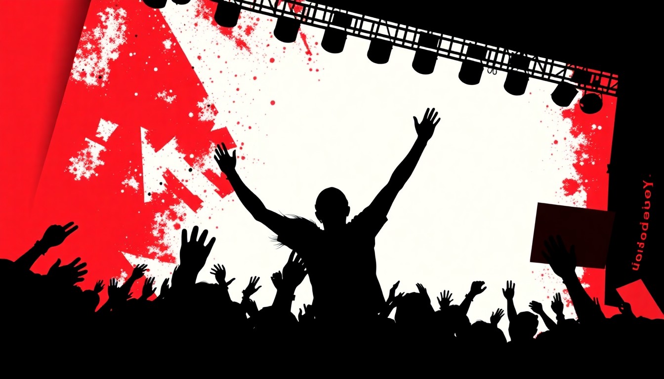 A dynamic abstract illustration using bold black shapes and bright red and white colors to capture the celebratory energy of a lively outdoor music festival.