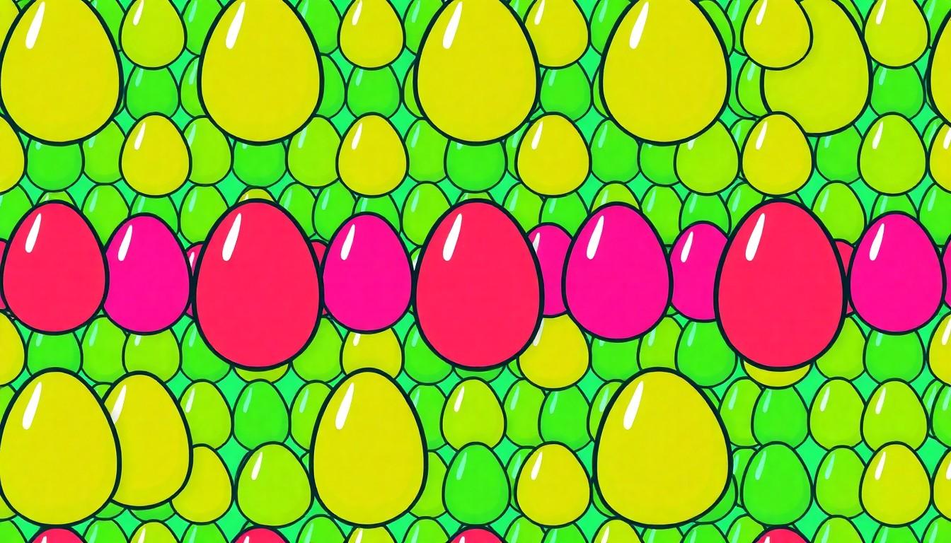 A bold, graphic silkscreen print featuring a repeating pattern of a single iconic Easter egg in a grid, rendered in a high-contrast palette of neon colors and heavy black outlines to capture the festive energy of a community celebration.