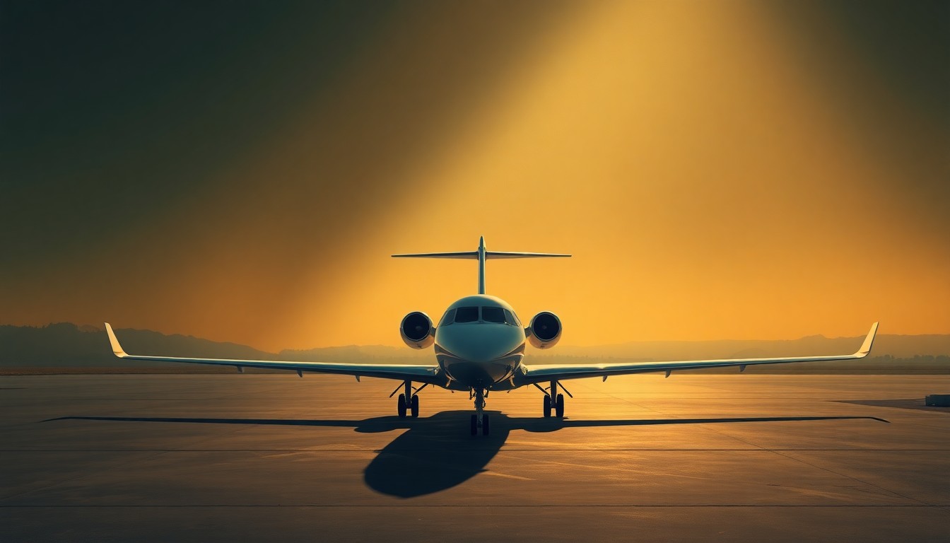 A serene, photorealistic painting of a private jet parked on an airport tarmac, with warm sunlight casting long shadows across the scene, conveying a sense of quiet contemplation about the political implications of the airport's name change.