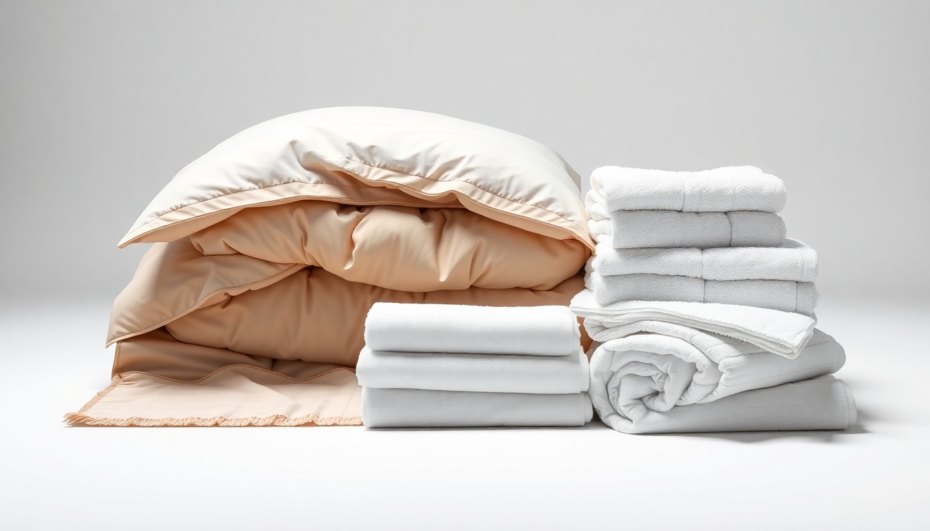 A minimalist studio still life featuring a neatly arranged collection of premium Hanes Home textile products, including a plush comforter, crisp white sheets, and fluffy towels, all displayed on a clean, monochromatic background with sharp, dramatic lighting.