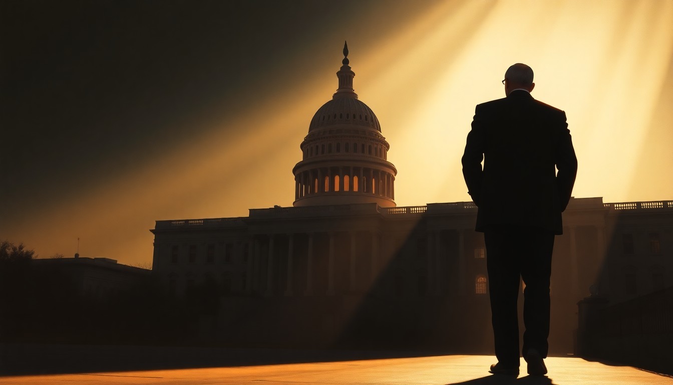 A dimly lit, cinematic painting of a solitary government building or political figure, with warm sunlight casting long shadows and creating a sense of melancholy and unease.