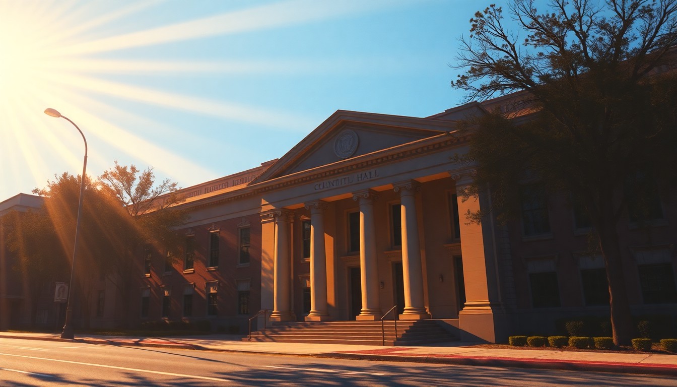 A photorealistic painting of the exterior of a government building in warm tones, with dramatic lighting and shadows highlighting the architectural details and civic grandeur.