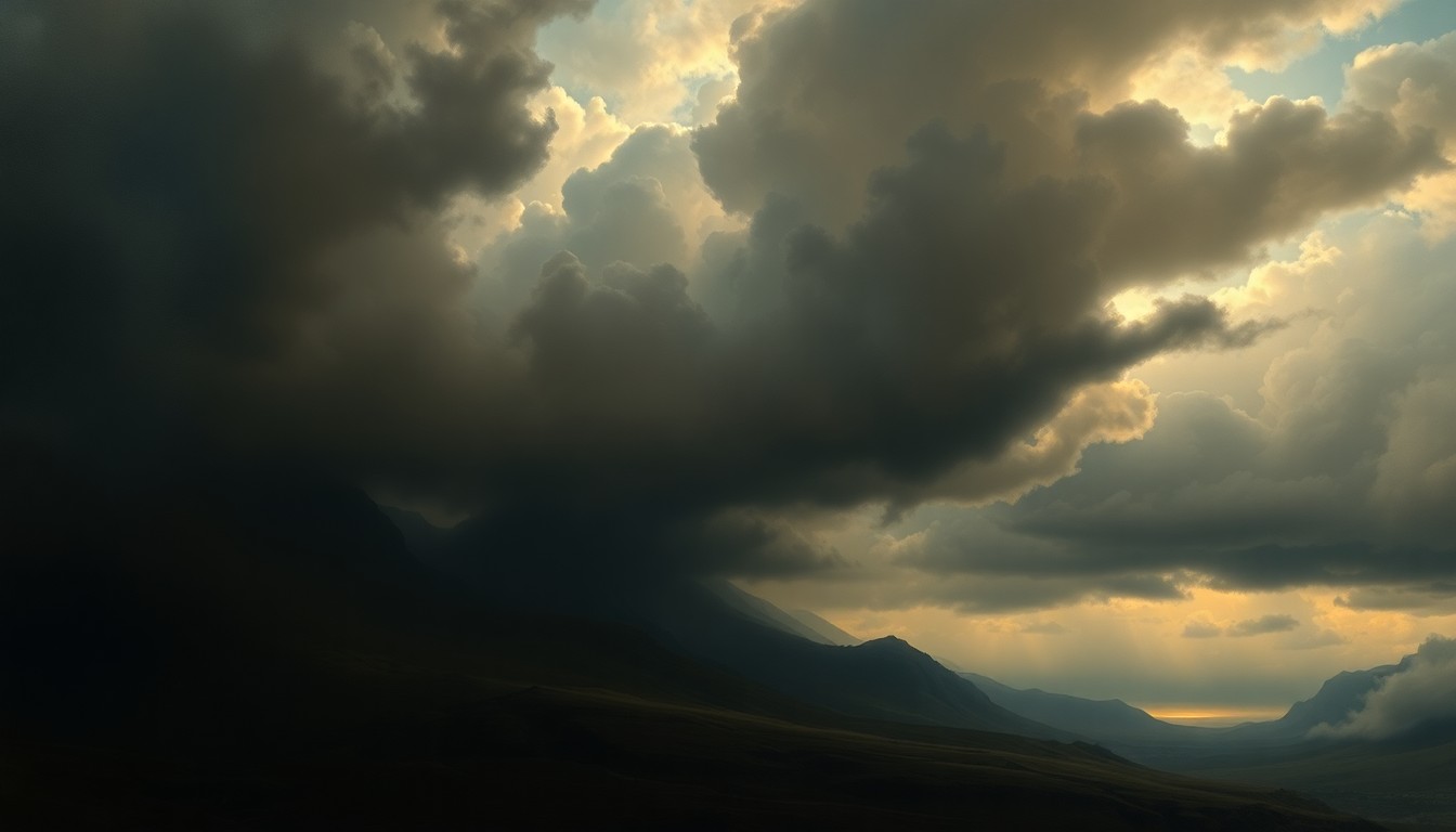 A dramatic landscape painting in the style of Caspar David Friedrich, featuring a vast, atmospheric scene with dark, ominous clouds looming over a small town or rural setting in the distance, conveying the overwhelming power of an approaching storm.