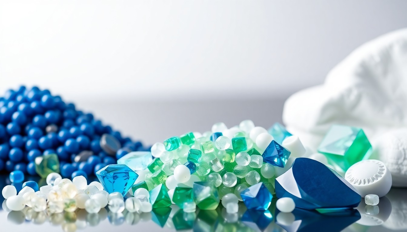 A high-end, photorealistic studio still-life photograph featuring a collection of polished, geometric polymer pellets and resin samples in shades of blue, green, and white against a clean, monochromatic background, conceptually representing the premium materials and advanced technology of the new Borouge International entity.