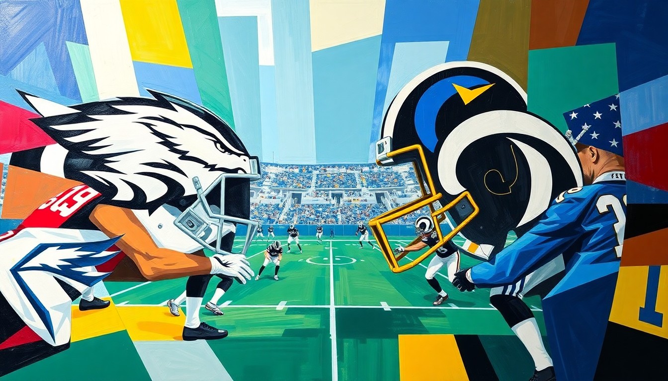 A cubist, geometric painting depicting a fragmented football game, with sharp planes of green, white, yellow, and blue representing the players and action on the field.