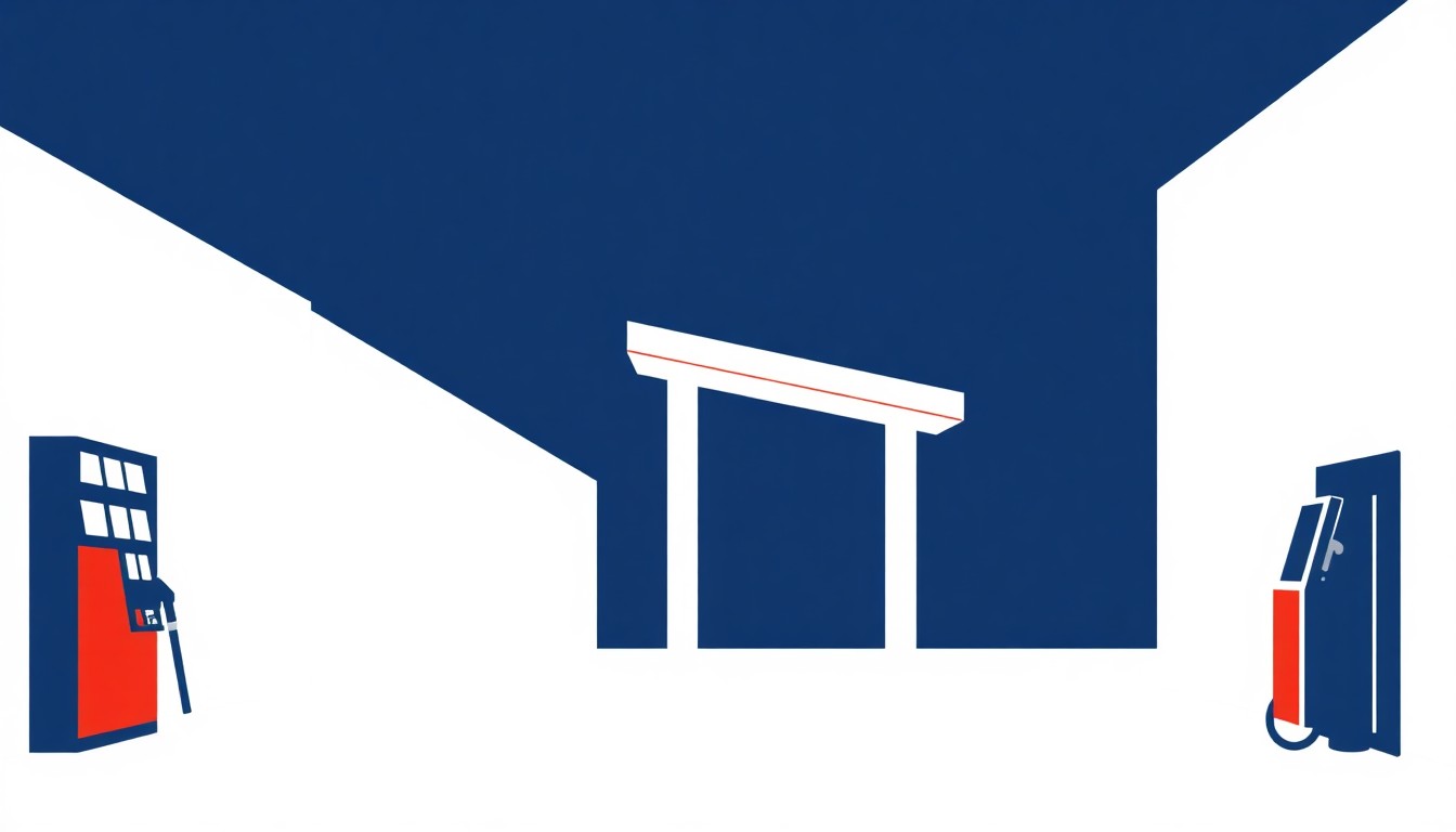 A geometric abstract illustration using bold shapes and primary colors to conceptually represent the rising cost of gasoline and its economic impact.