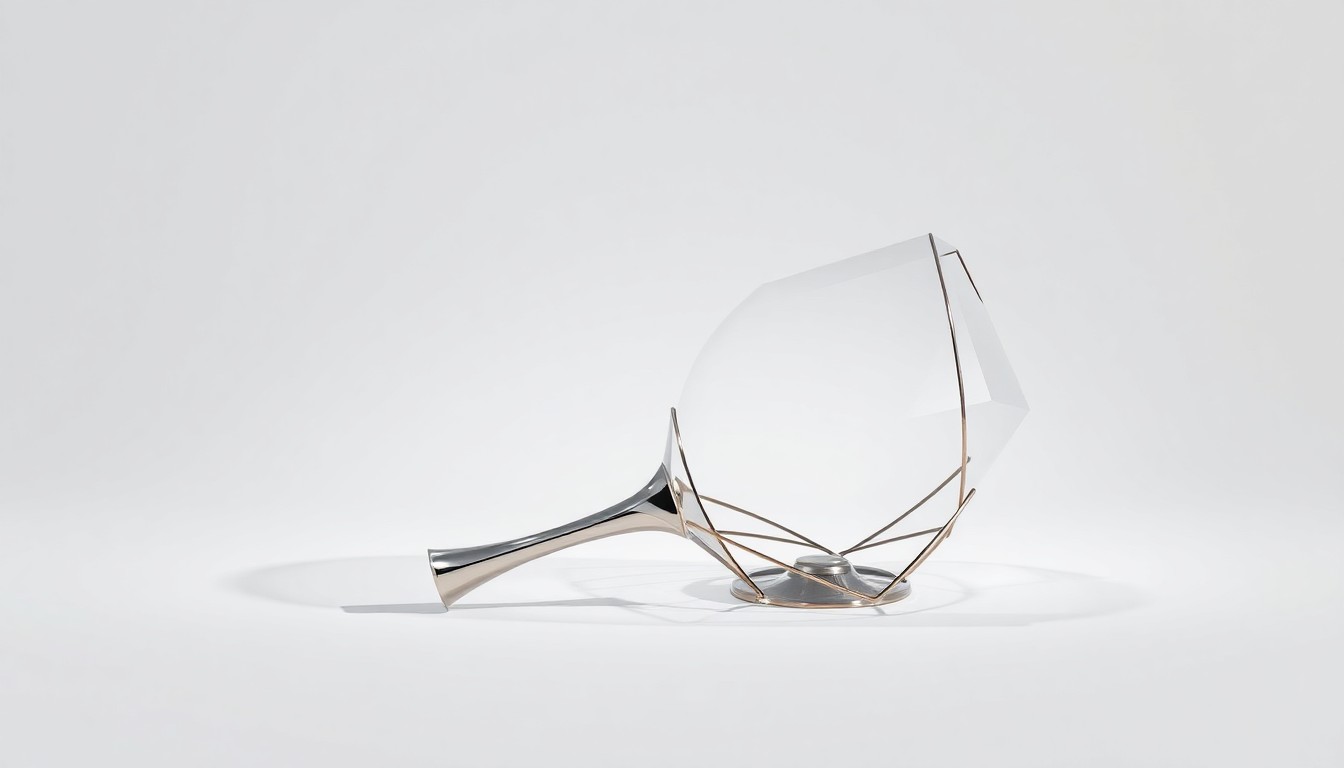 A high-end, photorealistic studio still-life photograph featuring a polished, geometric metal sculpture in the shape of a wine glass, resting on a clean white background and reflecting soft studio lighting to symbolize the refined elegance of the 15 Church restaurant.