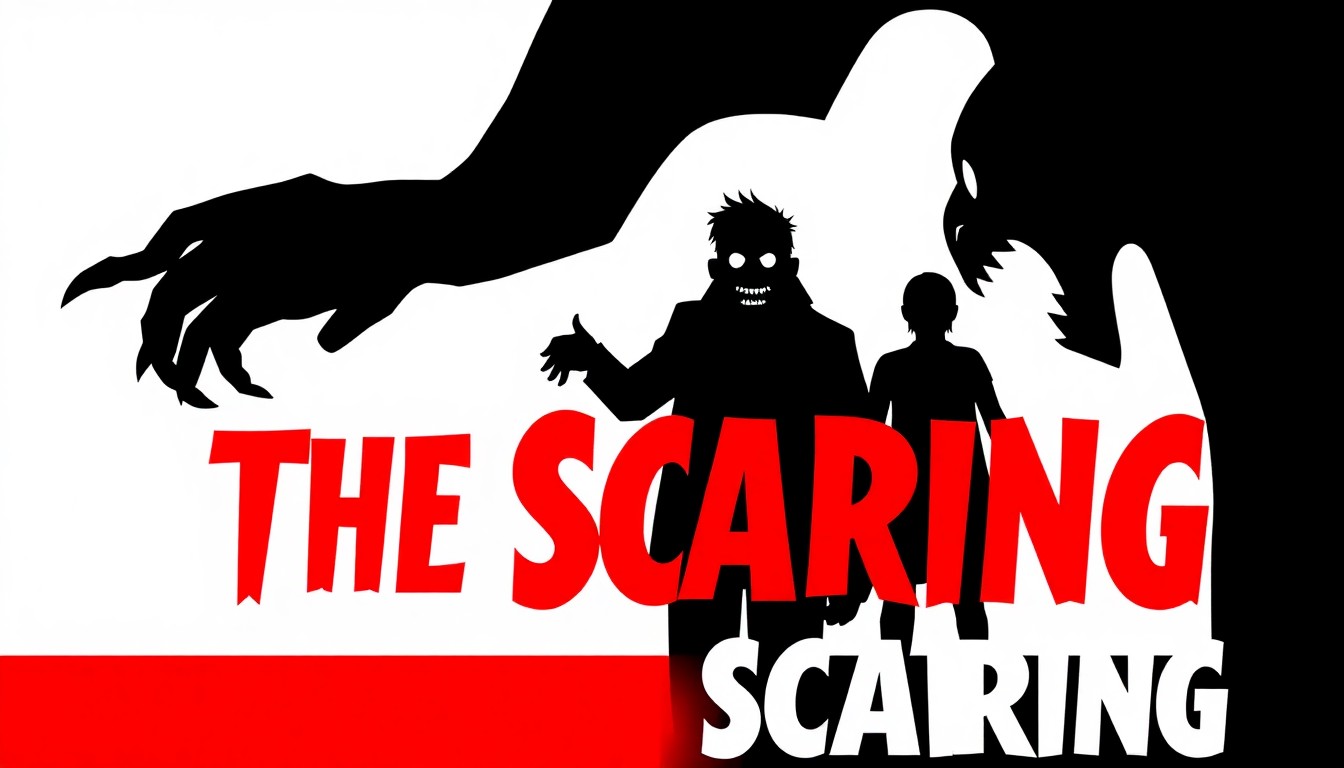 An abstract, minimalist illustration featuring stark black silhouettes of various horror and comedy elements against a high-contrast red and white background, conceptually representing the tone and themes of the new Crybabies show 'The Scaring'.