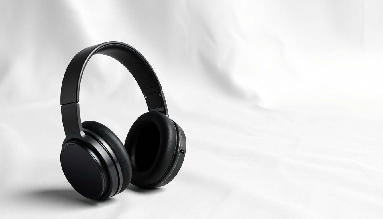 A minimalist, photorealistic studio still life featuring a sleek microphone and headphones arranged on a clean, monochromatic background, symbolizing the audio and performance aspects of Céline Dion's comeback and the resurgence of live entertainment.