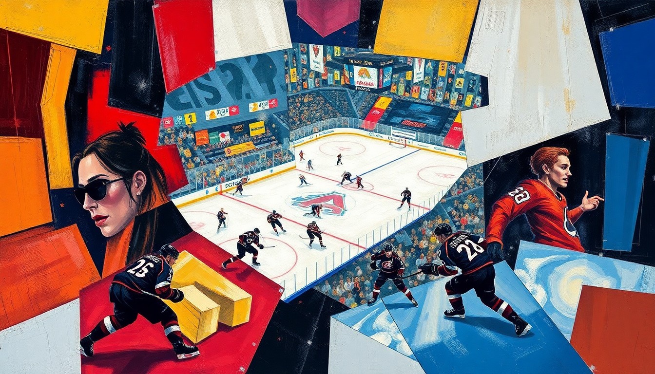 A cubist, geometric painting depicting the chaotic action of a high-scoring hockey game, with fragmented images of players, pucks, and the arena blending together in a dynamic, abstract composition.