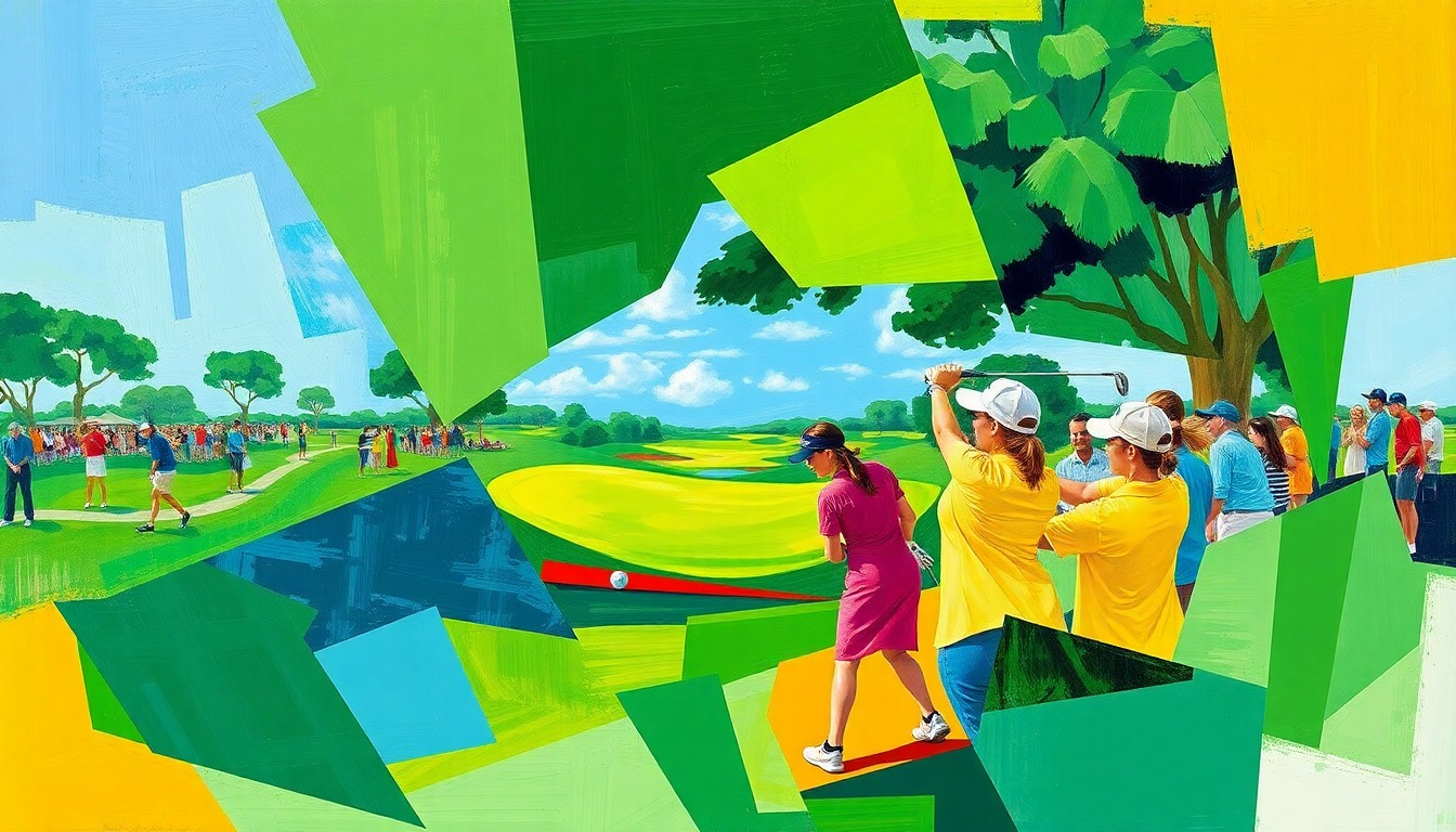 A fractured, cubist-style painting depicting a women's golf tournament scene, with sharp geometric shapes in vibrant greens, blues, and golds representing the course and players' uniforms.