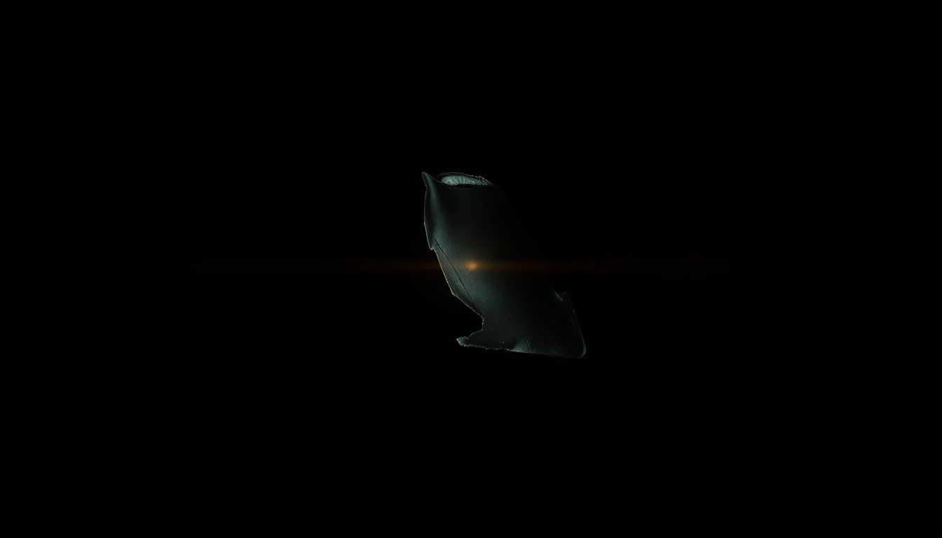 An extreme close-up photograph of a damaged vehicle part, such as a broken side mirror or crumpled fender, lit by a harsh, direct camera flash against a pitch-black background, conceptually illustrating the aftermath of a collision on a local highway.