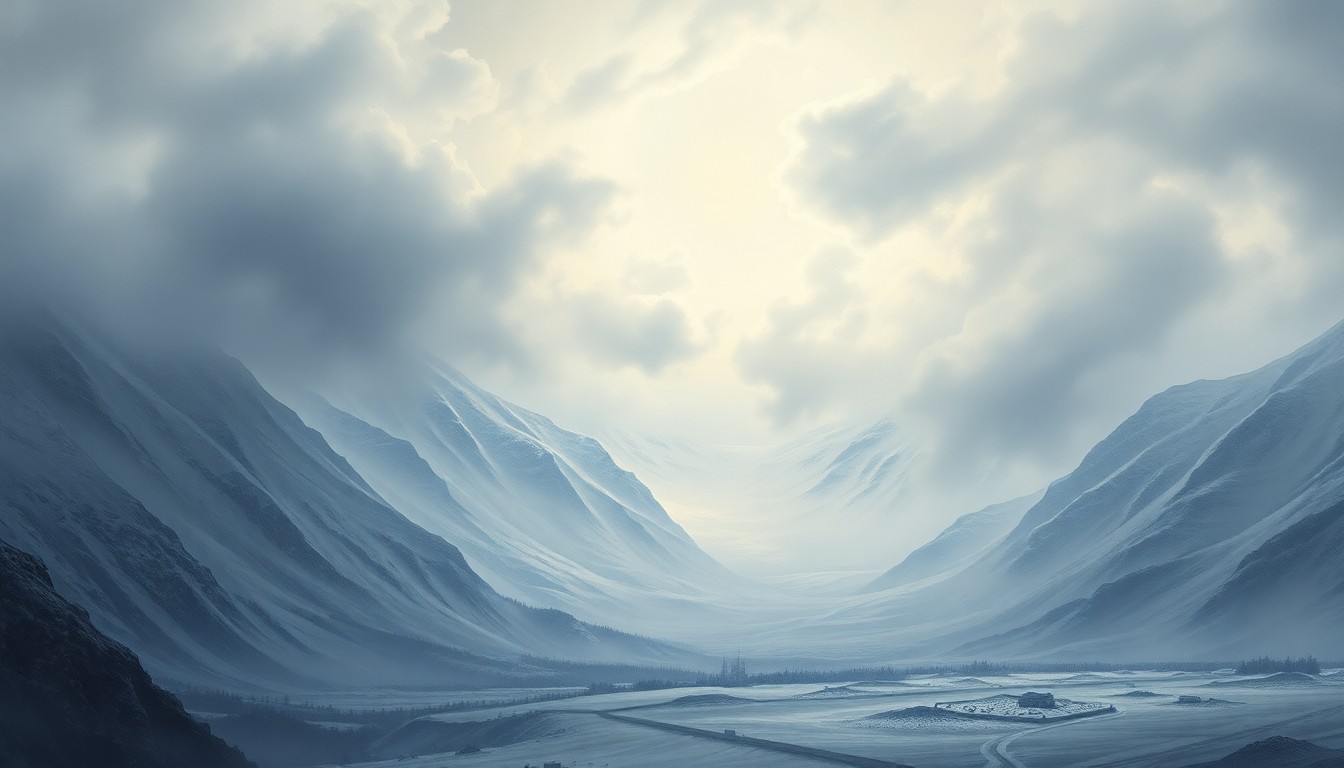 A vast, atmospheric landscape painting depicting a heavy snowstorm in the Rocky Mountains, with snow-capped peaks and swirling clouds dominating the scene and dwarfing any physical structures or vehicles.
