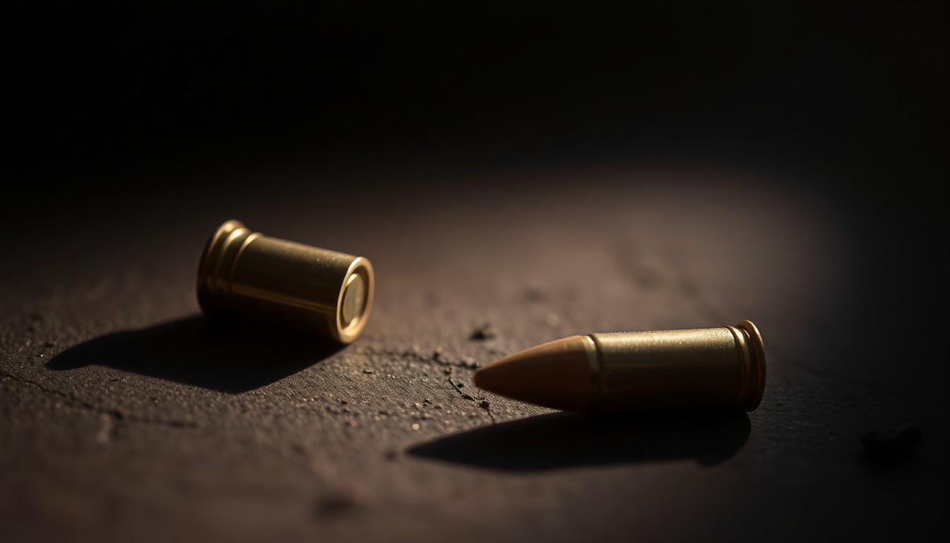 An extreme close-up of a single spent shell casing on a dark, textured surface, reflecting the harsh light of a camera flash, conceptually representing the tragic aftermath of a shooting incident.