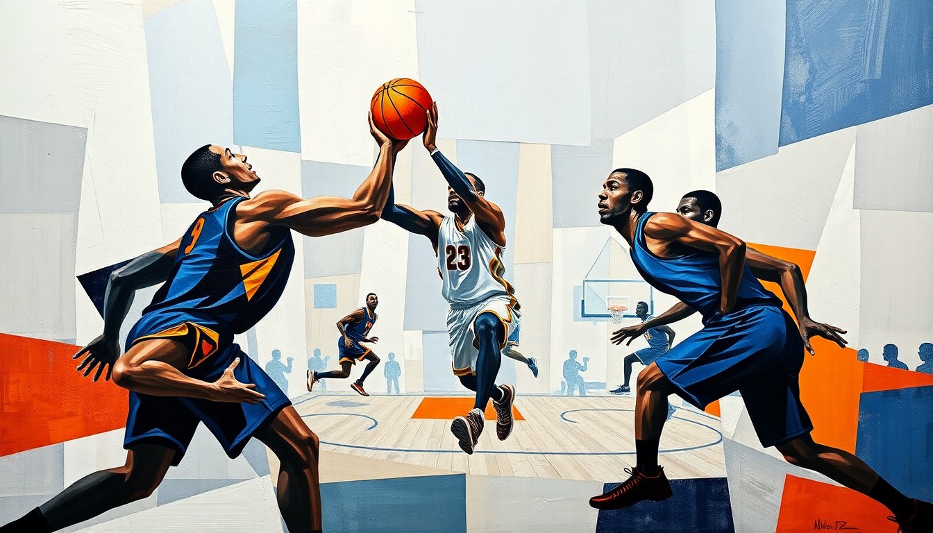 A fractured, multi-perspective painting in the style of Pablo Picasso, breaking down a basketball game into sharp, overlapping geometric planes of vibrant colors like royal blue, fiery orange, and metallic silver.