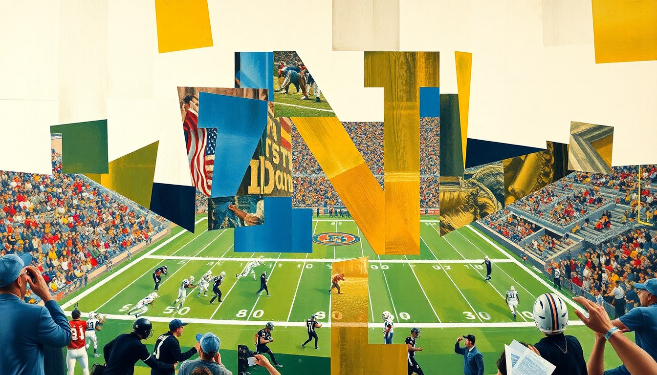 A cubist-style painting depicting a Notre Dame football game, with the players and field represented as abstract shapes and planes of color in a fractured, multi-perspective composition.