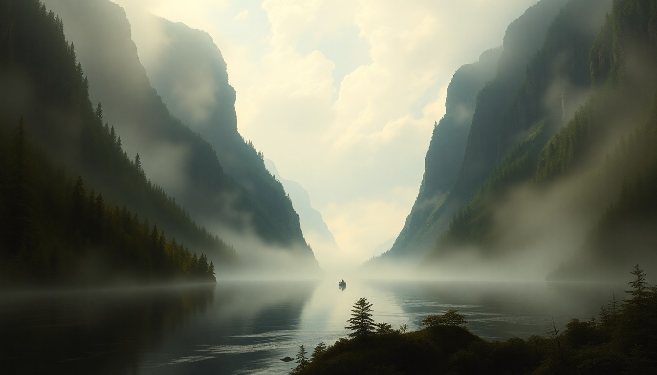 A sweeping, atmospheric landscape painting in muted tones of grey, green, and blue, depicting the vast, rugged banks of the Russian River. The small raft carrying the rescued rafters is barely visible in the distance, dwarfed by the towering cliffs and dense foliage surrounding the river.