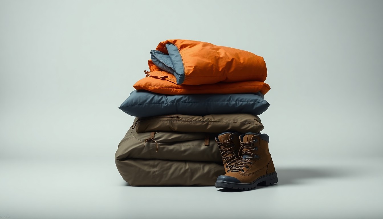 A photorealistic studio still life featuring a stack of neatly folded camping gear, including a sleeping bag, backpack, and hiking boots, arranged on a clean, monochromatic background and lit with dramatic studio lighting to conceptually represent the corporate strategy and financial risks facing Camping World.