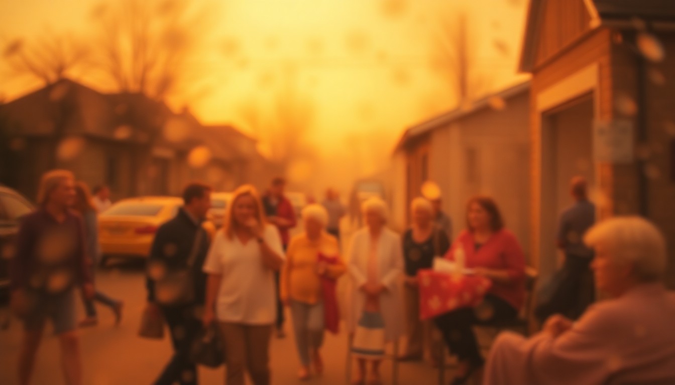 An extremely blurred, out-of-focus photograph in warm tones, depicting an indistinct scene of people coming together, conceptually representing a community honoring a departed member.