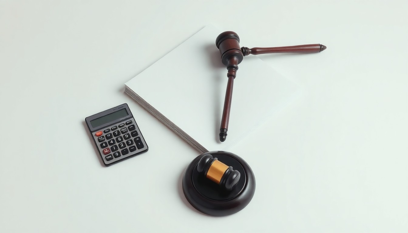 A photorealistic studio still life featuring a stack of legal documents, a calculator, and a gavel on a clean, monochromatic background, conceptually representing the abstract concepts of corporate litigation, financial risk, and legal proceedings.