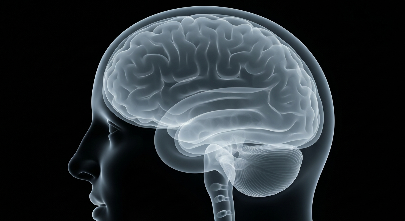 An ethereal, ghostly X-ray image of a human brain, glowing against a dark background, conceptually representing the internal mental health struggles of young adults.