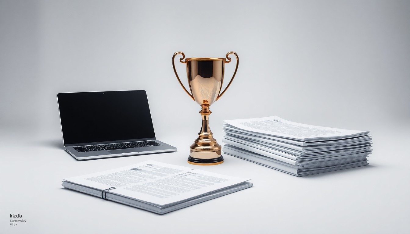 A photorealistic studio still life featuring a polished metal trophy, a sleek laptop, and a stack of business documents, conceptually representing the strategic leadership and technological prowess of a successful tech company.