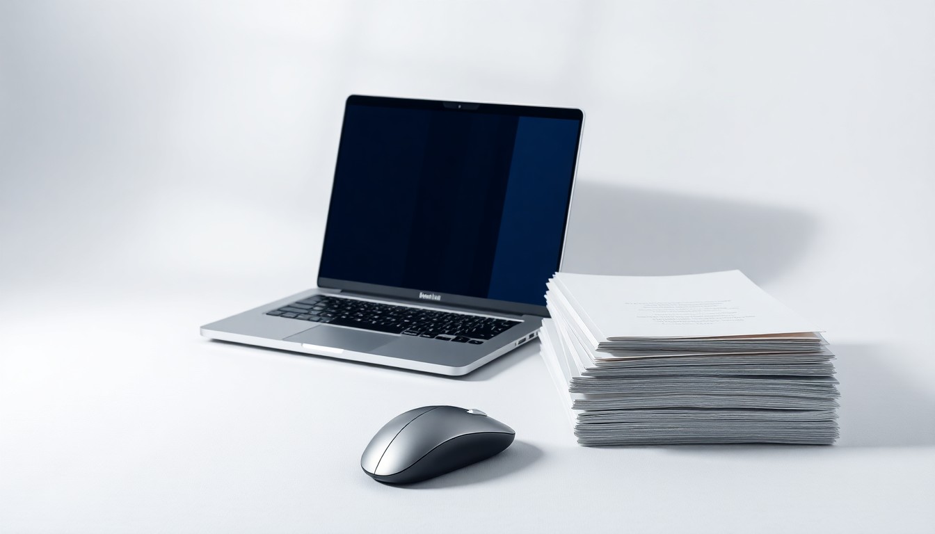 A minimalist, high-end studio still life photograph featuring a sleek silver laptop, a modern wireless mouse, and a stack of neatly organized papers, conceptually representing the technology distribution and solutions aggregation business.