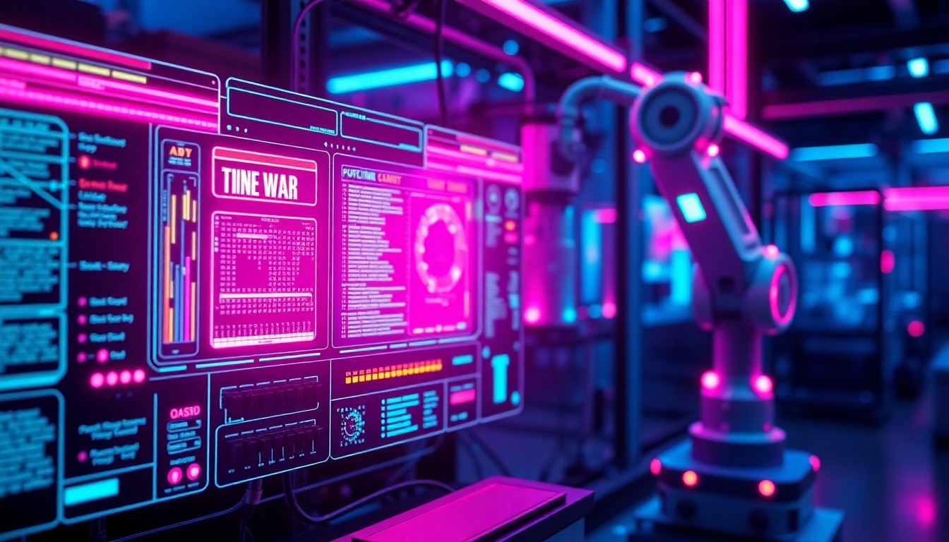 A highly detailed, glowing 3D illustration of a futuristic manufacturing control panel or robotic arm, bathed in neon cyan and magenta lights, conceptually representing the advanced, high-tech nature of iBase-t's AI-powered manufacturing solutions.