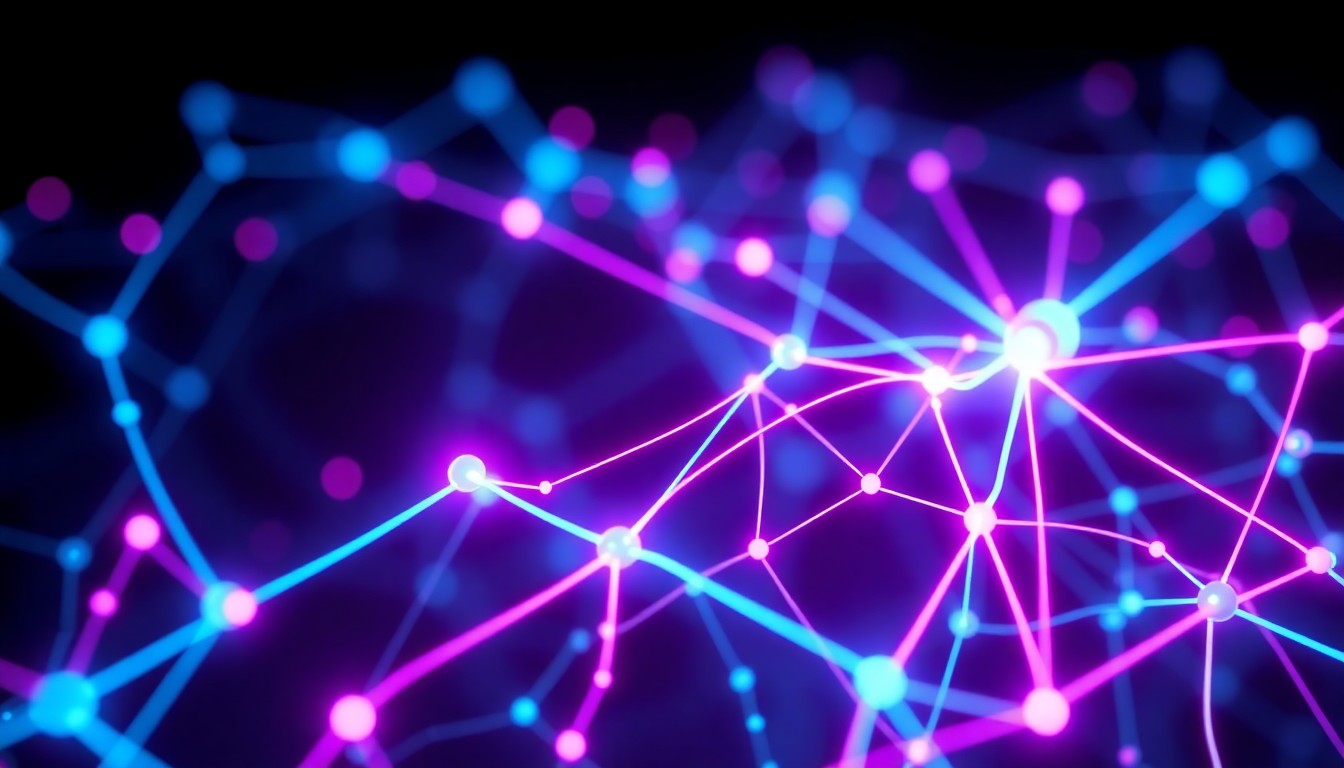 A highly detailed, glowing 3D illustration of a complex neural network diagram with pulsing neon blue and magenta lines, conceptually representing the interconnected nature of AI research and applications across different fields at the university.