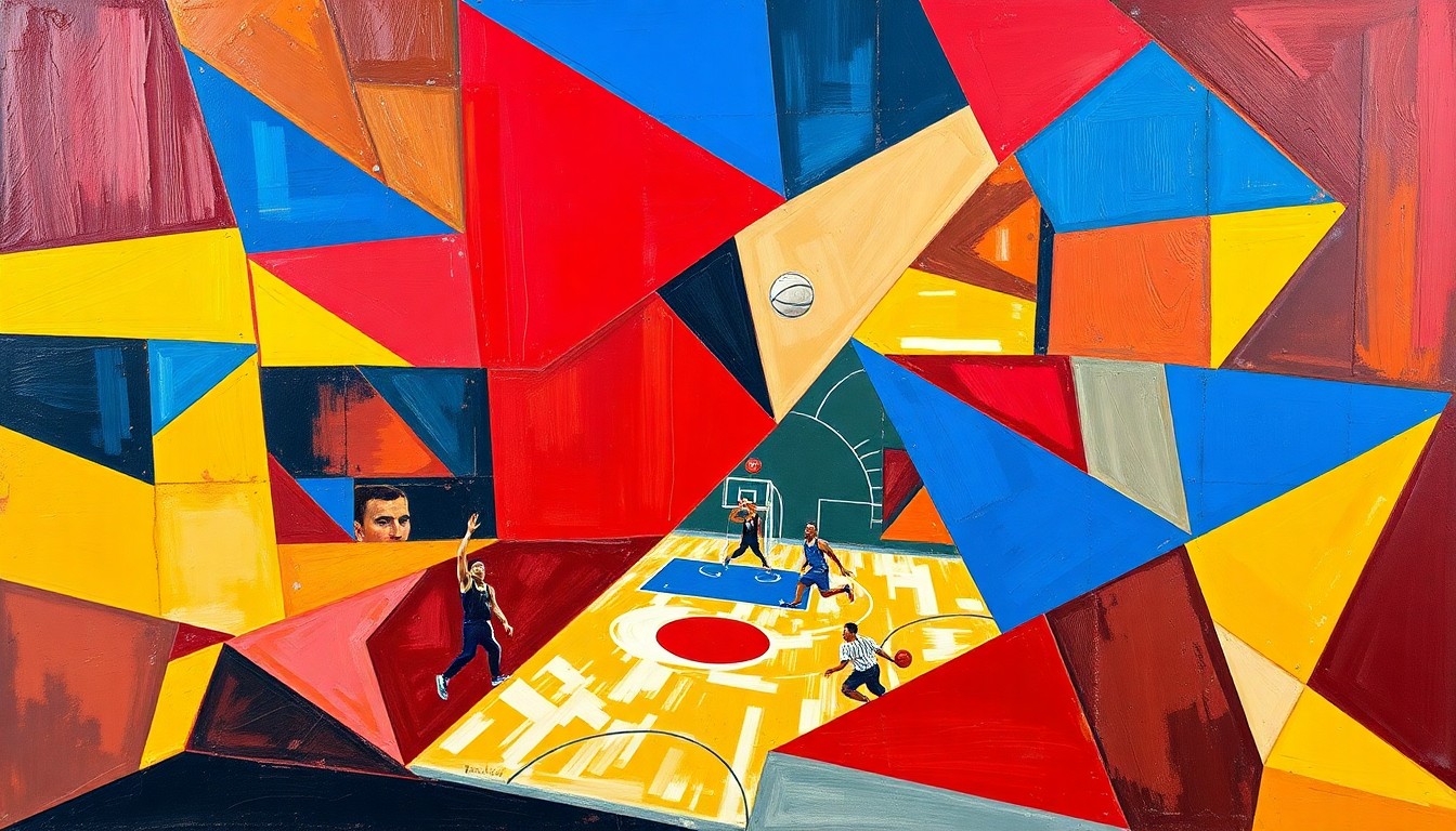 A fragmented, cubist-style painting depicting a basketball game, with sharp geometric shapes in shades of red, blue, and yellow representing the dynamic action on the court.