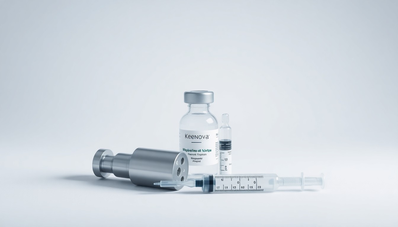 A photorealistic studio still life featuring polished medical devices and vials, symbolizing Keenova's focus on branded therapeutics for rare and specialty conditions.