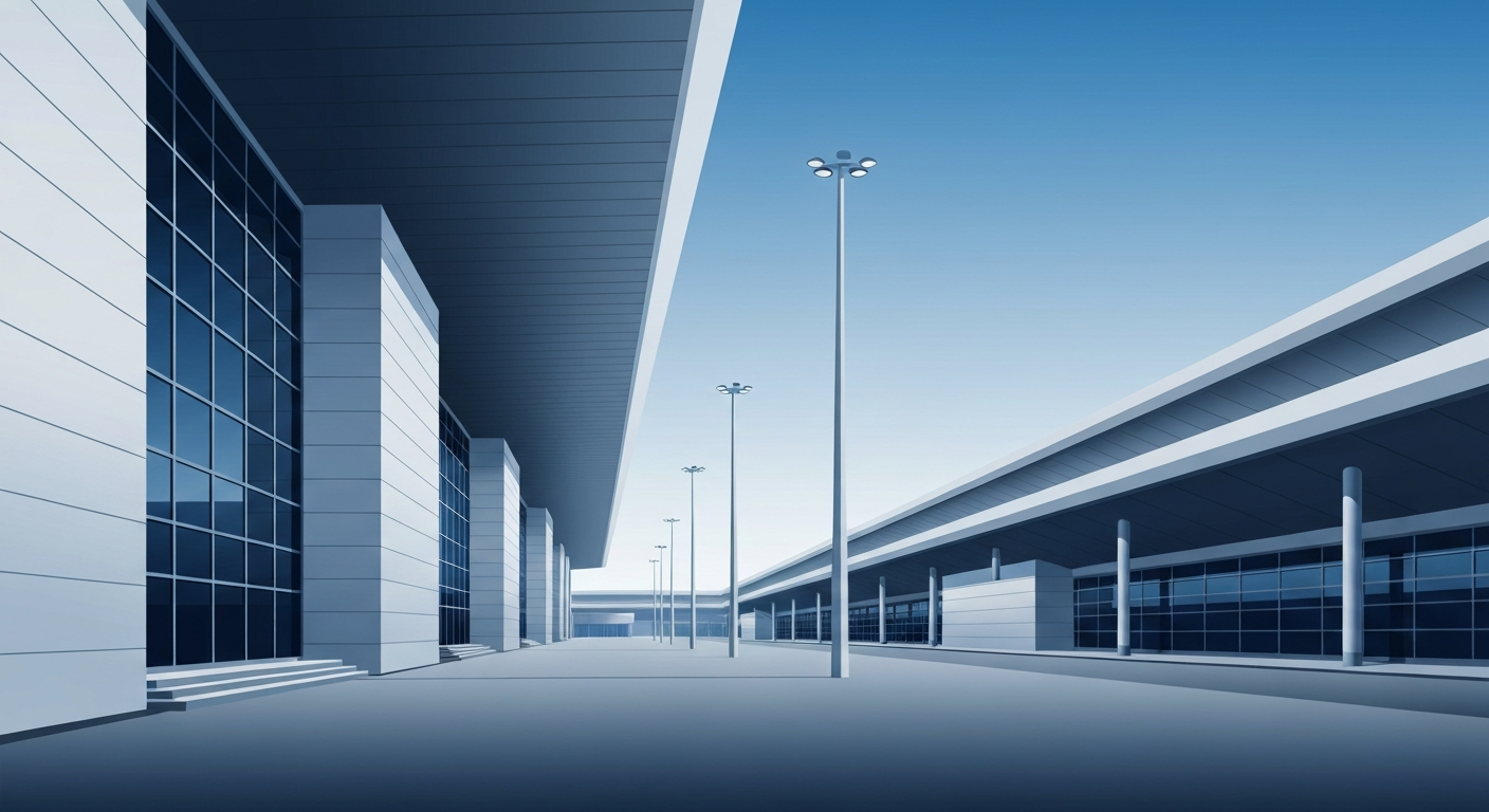 A bold, geometric illustration in shades of blue, grey, and silver, depicting the sweeping, streamlined forms of a regional airport terminal, conveying a sense of modern efficiency and functionality.