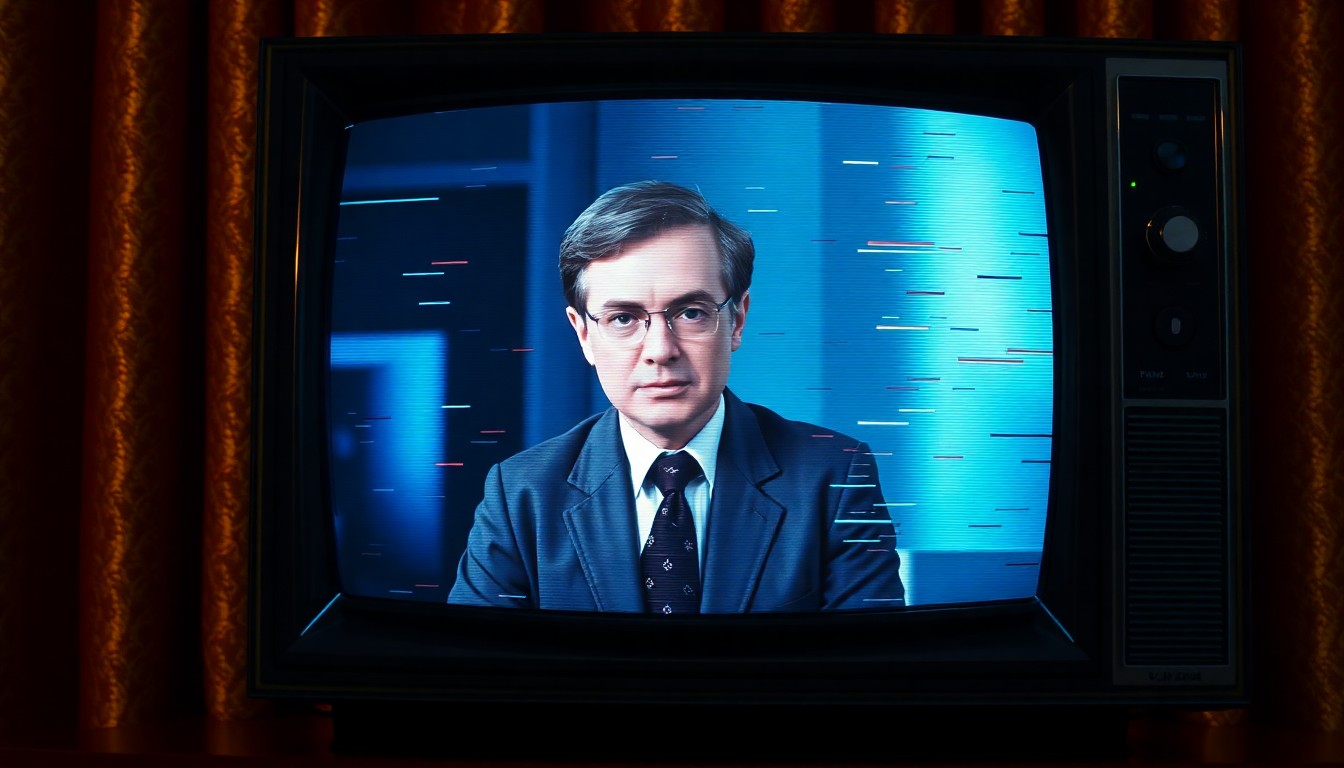 An extreme close-up of a vintage television screen displaying a glitching, static image of the character Mr. Feeny from the TV show 'Boy Meets World'. The screen is surrounded by a luxurious, textured frame of shimmering gold and velvet, creating a high-contrast, glamorous aesthetic.