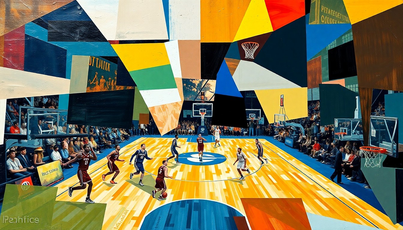 A cubist, geometric painting depicting the fragmented, multi-angled action of a college basketball game, with players and the court broken down into sharp, overlapping planes of color and shape, conveying a sense of energy and motion.