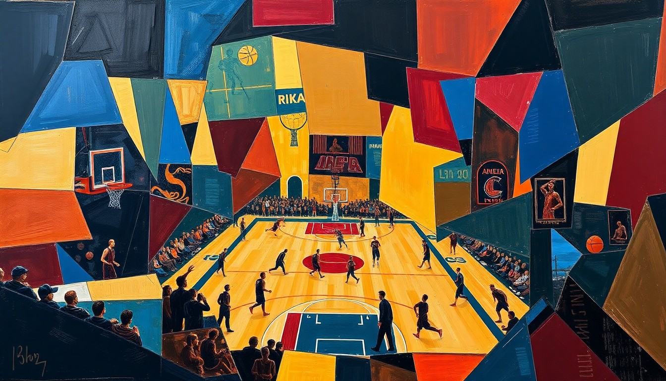 A cubist, geometric painting featuring overlapping angular shapes in navy, maroon, and gold, conceptually representing the dynamic action of a basketball game.
