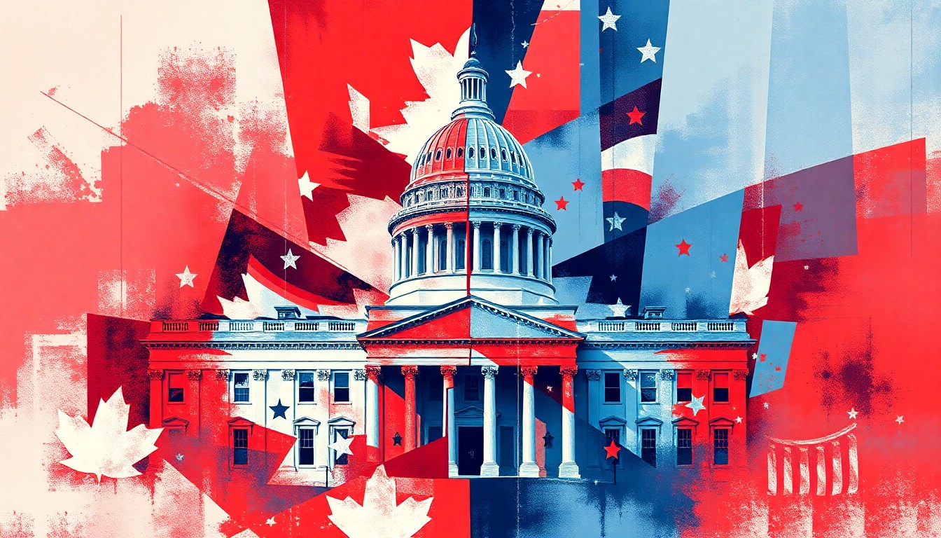 A fractured, abstract painting in red, white, and blue tones depicting a government building or political symbol, conveying a sense of political discord and disunity.