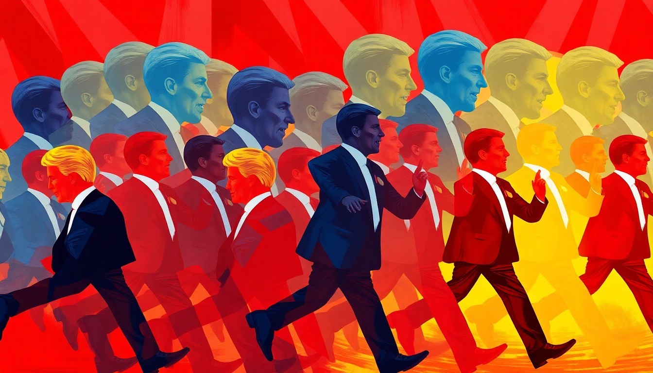 A dynamic, abstract painting featuring the overlapping, geometric silhouette of a politician repeated in vibrant red, blue, and yellow hues, conveying the frenzied energy and partisan divisions surrounding the government shutdown.