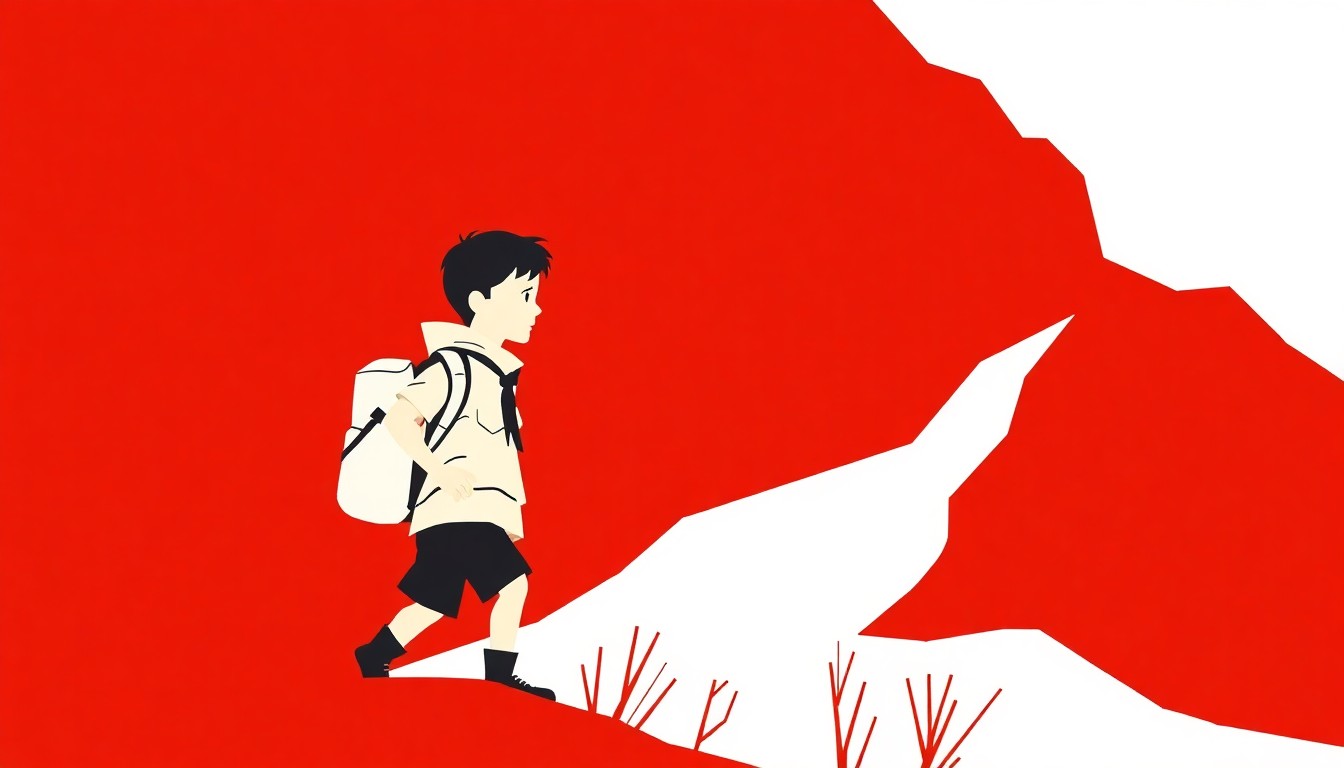 An abstract, geometric illustration in bold red and white shapes, conceptually representing a young scout exploring the outdoors.