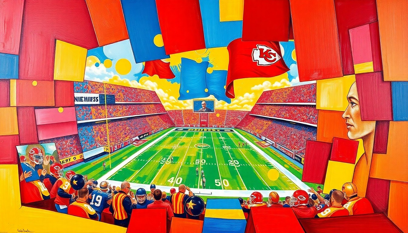 A fragmented, cubist-style painting depicting a Kansas City Chiefs football game, with the players and field broken down into sharp, overlapping geometric shapes in the team's signature red, gold, and blue colors, conveying the strategic complexity and high-stakes nature of the team's offseason decisions.