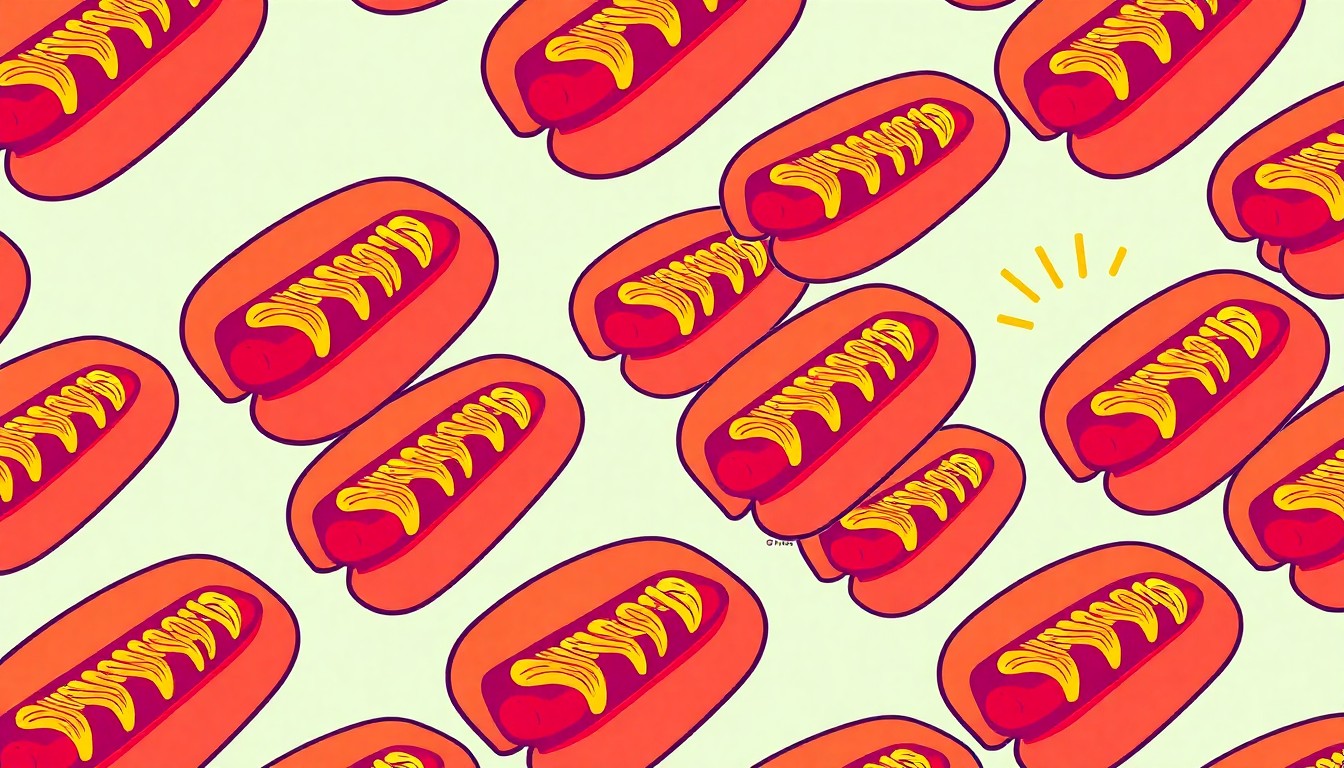A bold, colorful silkscreen-style illustration featuring a repeating pattern of a classic Milwaukee-style coney dog, conceptually representing the diverse and unexpected dining experiences found throughout the city.