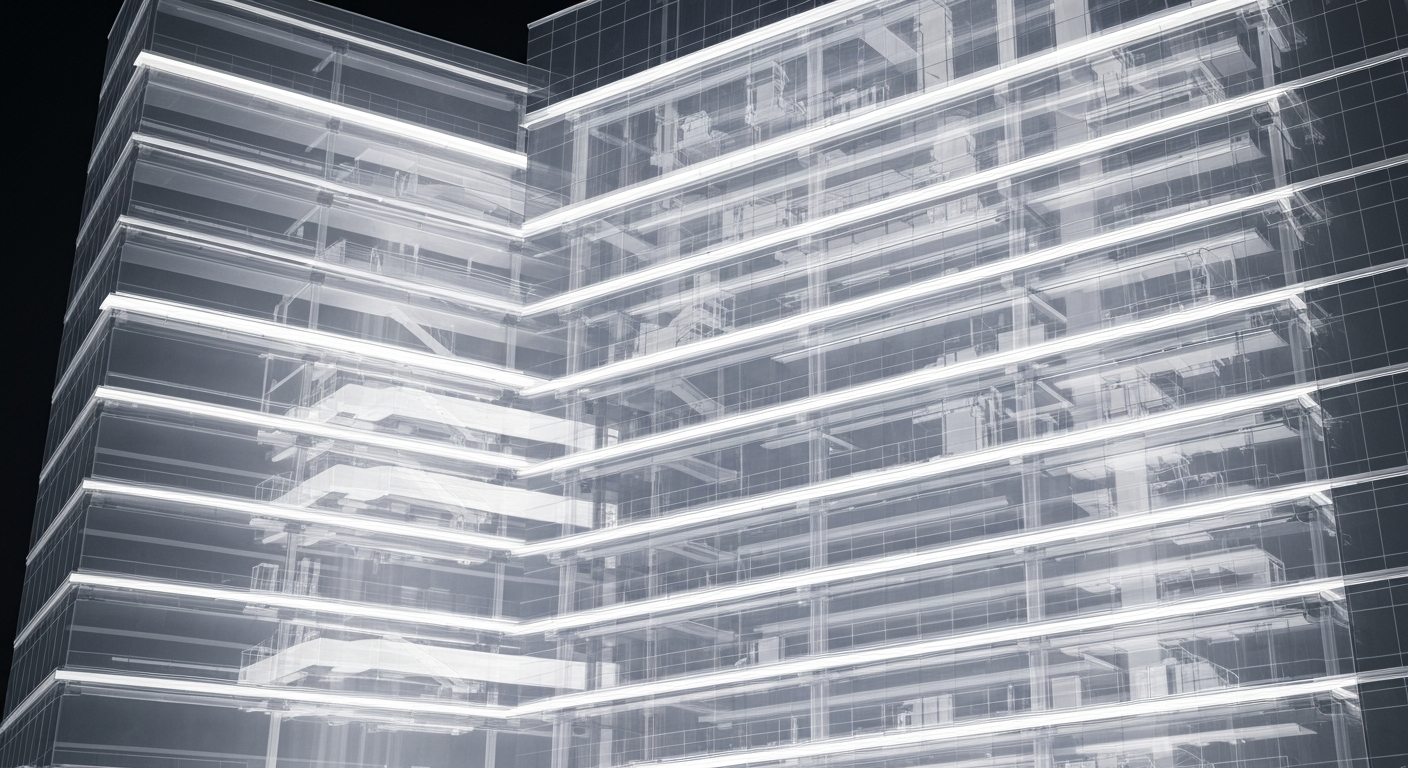 A ghostly, X-ray-style image revealing the internal structure of a multi-story medical facility, with glowing lines defining the building's architecture and equipment.