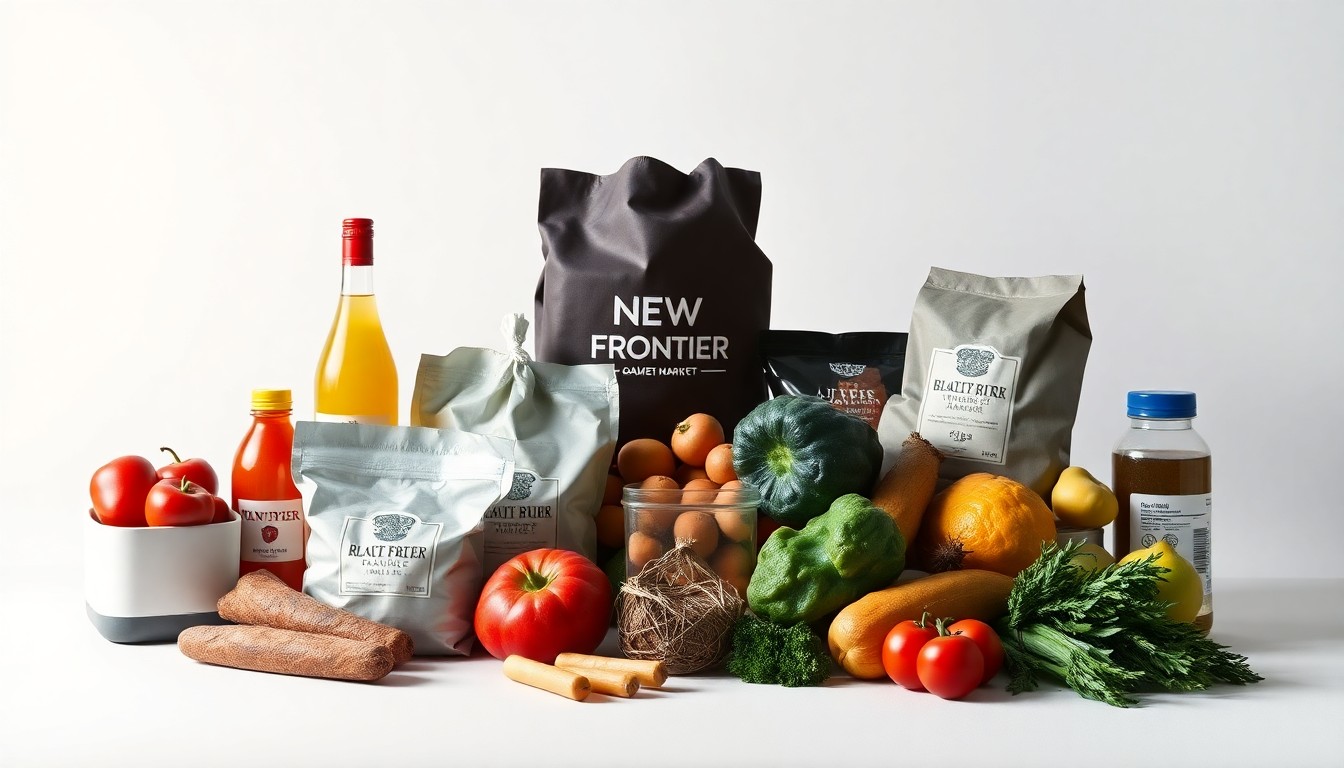 A high-end studio still life featuring a collection of polished, premium grocery items from New Frontier Market, conceptually representing the store's blend of tradition and innovation under new ownership.