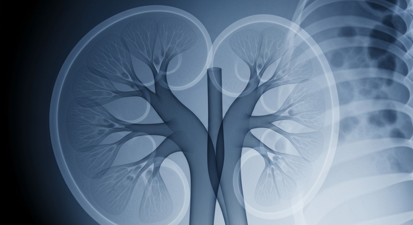 A highly detailed, translucent X-ray-style image showing the complex internal structure of a human kidney, with glowing blue and gray lines representing the organ's intricate network of vessels and tissues.