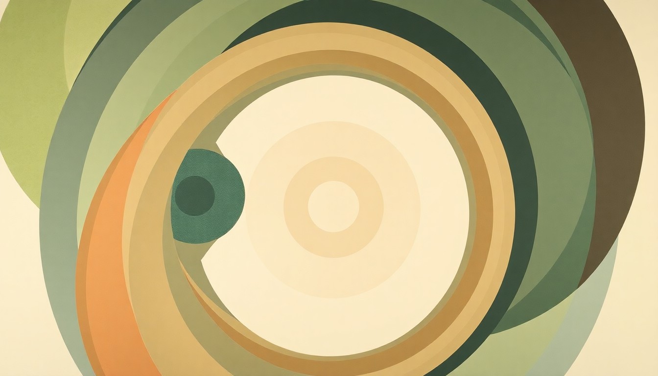 A highly textured, abstract painting in earthy tones of green, brown, and blue, featuring sweeping geometric shapes, concentric circles, and precise botanical spirals, conceptually representing the complex scientific processes and manufacturing requirements for advanced cell therapy products.