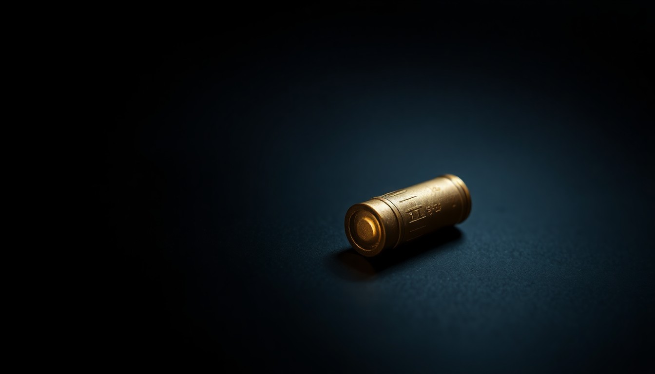 An extreme close-up photograph of a single spent bullet casing on a dark surface, lit by a harsh direct flash, conceptually representing the aftermath of a fatal shooting incident.