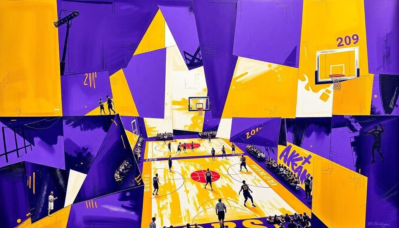 A cubist, geometric painting depicting a Lakers basketball game, with the players and court broken down into sharp, overlapping planes of purple, gold, and white.